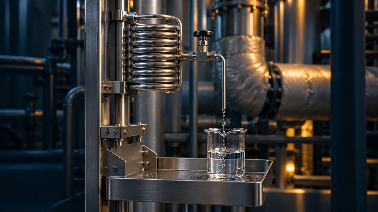 Illustrative boiler-water sample cooler filling a glass beaker