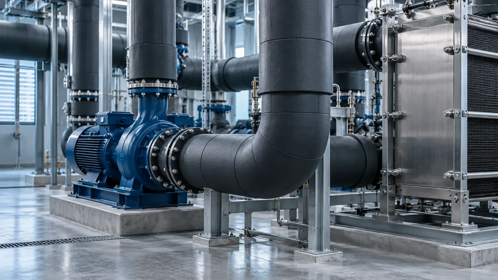 Illustrative insulated chilled-water pipes and circulation pump