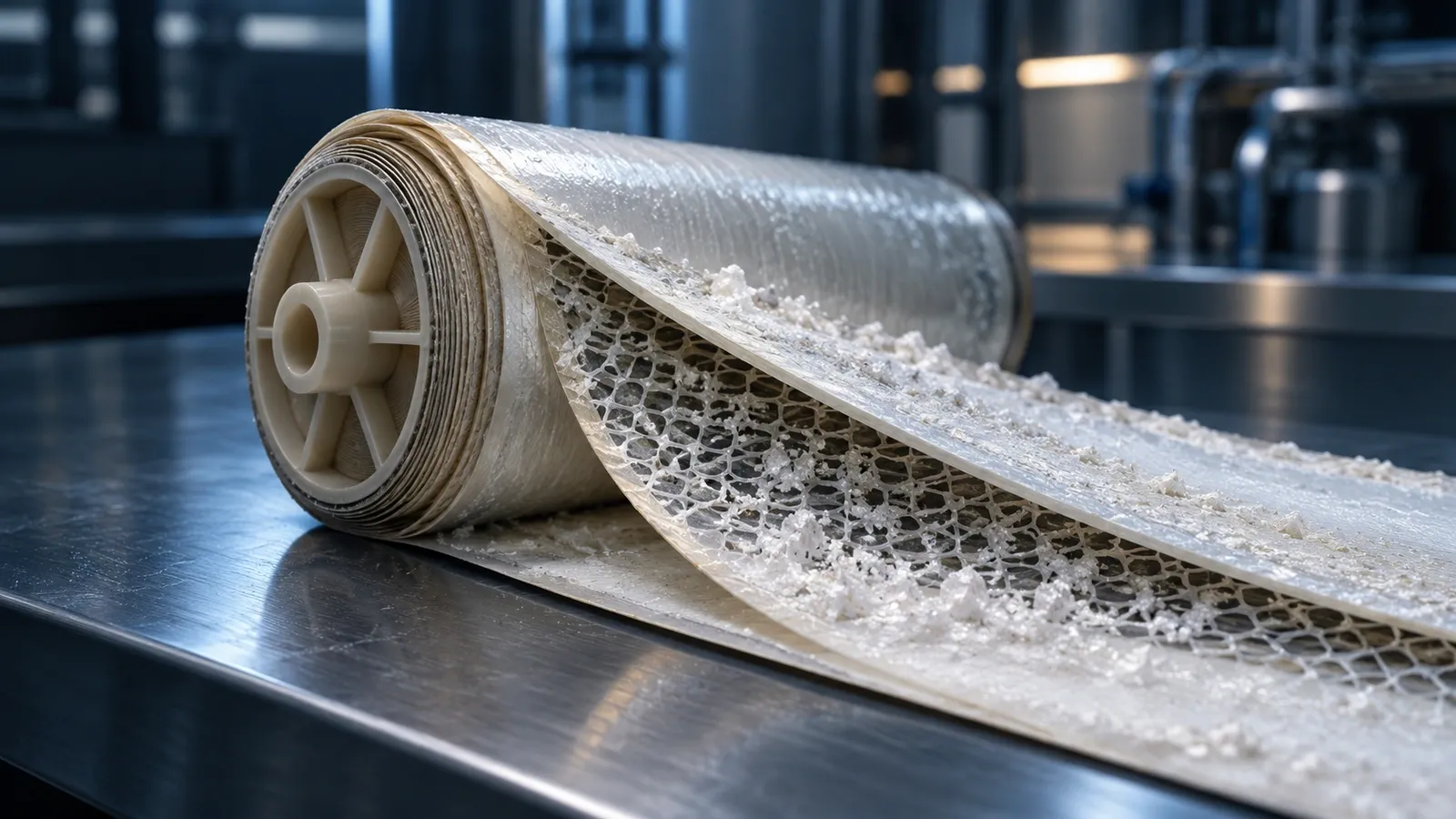 Illustrative crystalline scale on an unrolled reverse-osmosis membrane