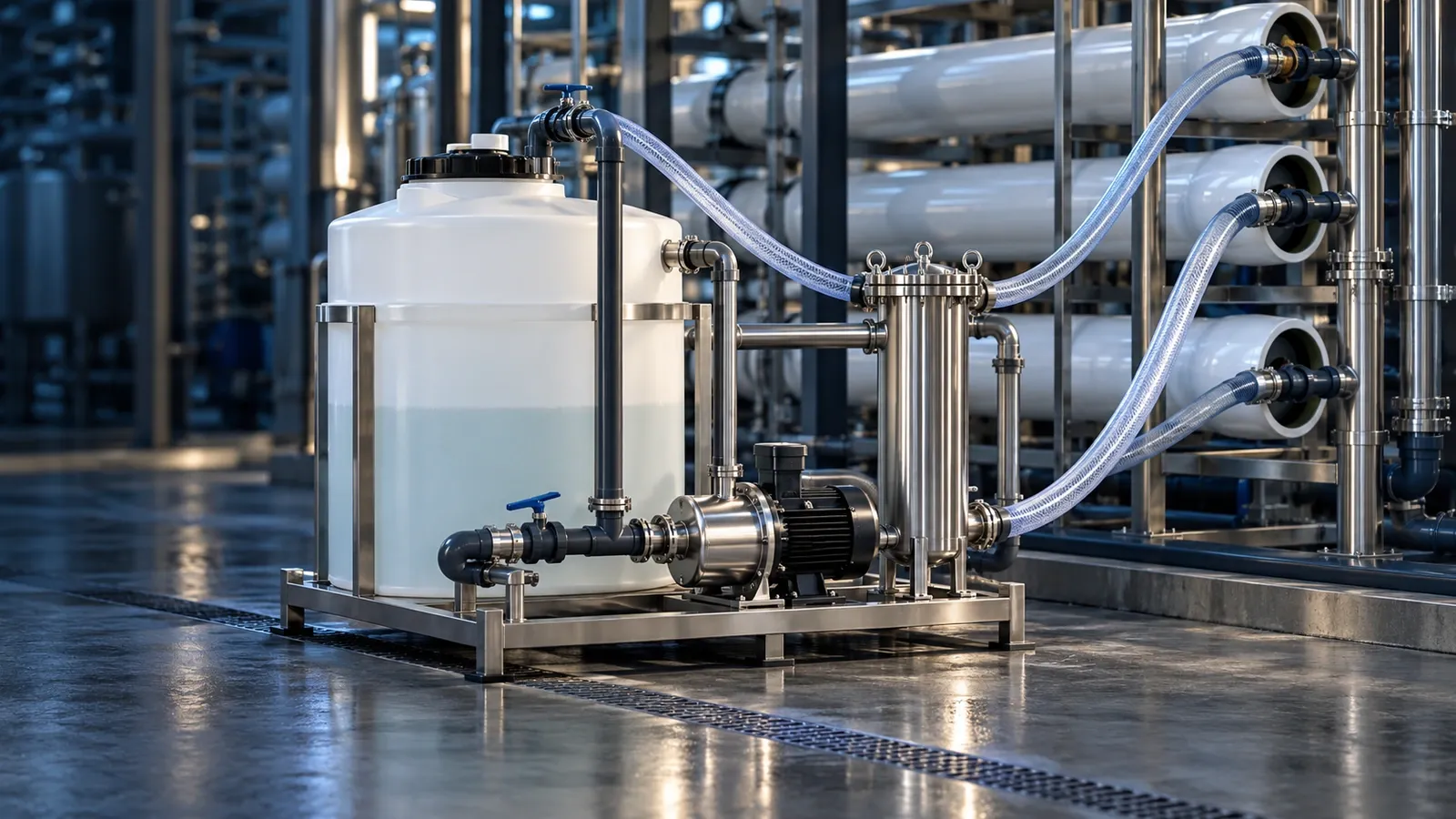 Illustrative clean-in-place equipment connected to reverse-osmosis membrane vessels