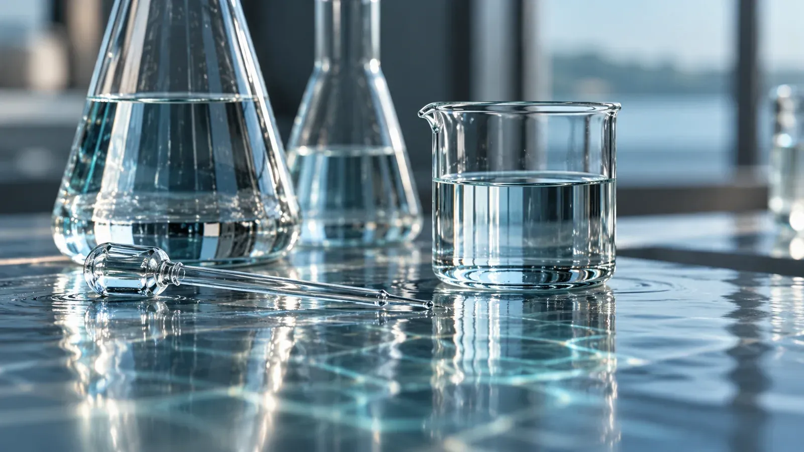 Illustrative glass vessels containing clear water samples